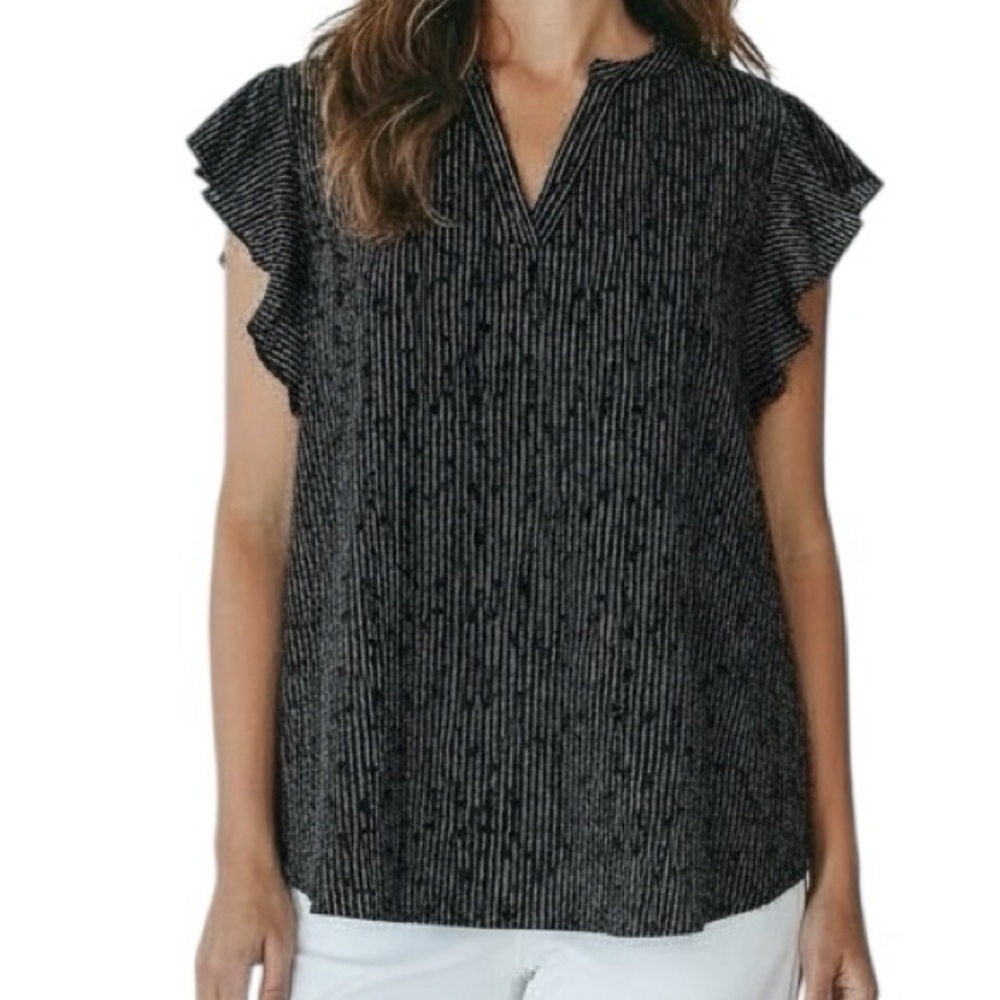 NWT ADRIANNA PAPELL Black & White Striped Flutter Short Sleeve Blouse Size Large